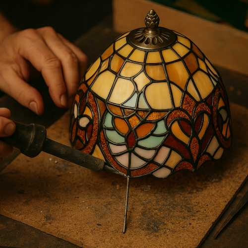 "Close-up van handen die met een soldeerbout aan een kleurrijke Tiffany-stijl lampenkap werken, waarbij de glas-in-lood stukken zorgvuldig aan elkaar worden bevestigd op een houten werkblad.