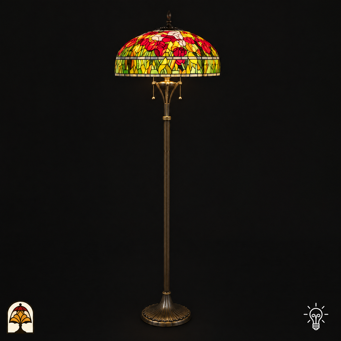 Tiffany vloerlamp Tulipa Rosso Azul ⌀50 cm – verlicht, glas-in-lood kap met rode en gele tulpen op bronzen voet, 170 cm hoog