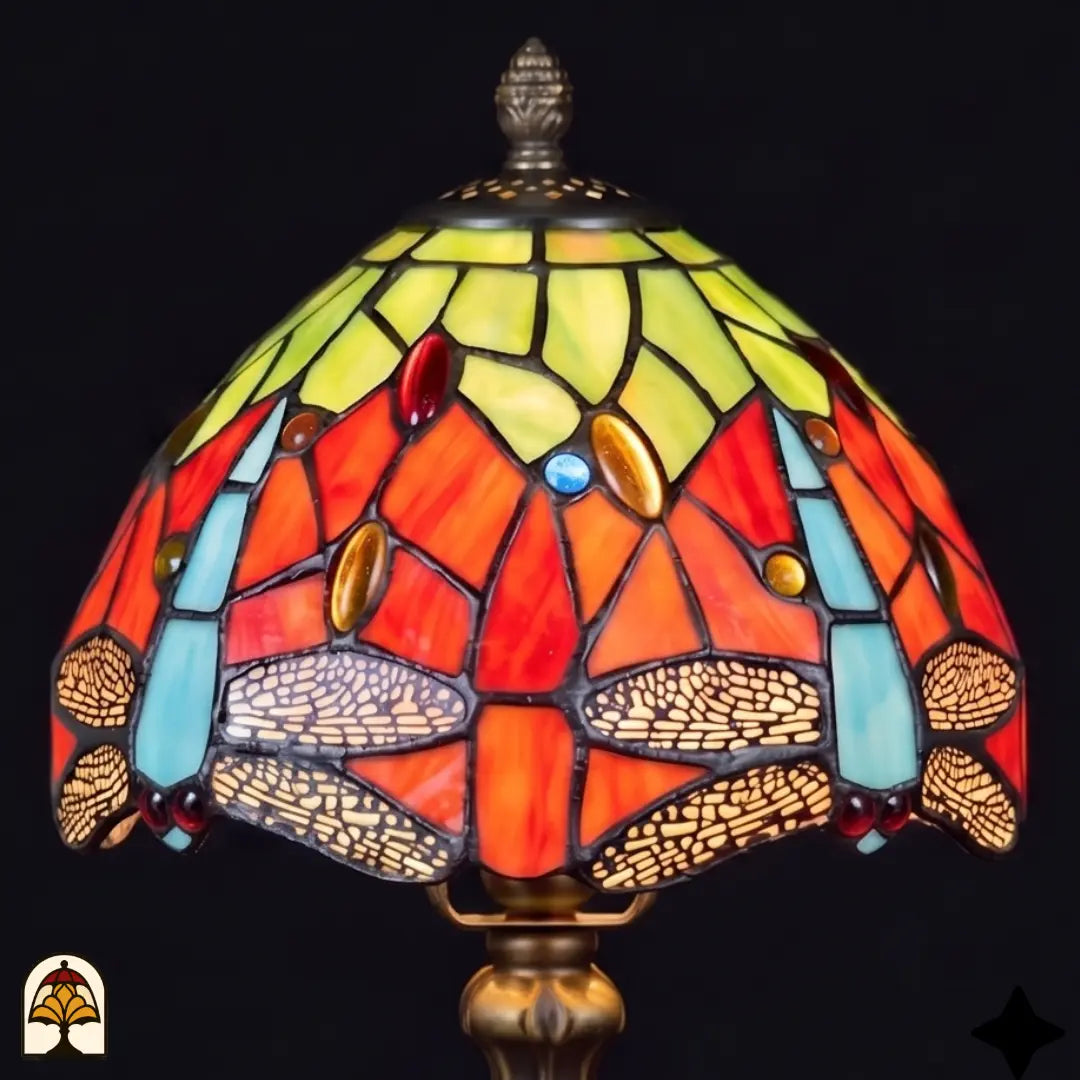 Close-up verlichte kap Tiffany lamp tafellamp Libellula Azul ⌀20 cm – oranje en groene glas-in-lood panelen met blauwe libellenfries en gekleurde juwelen
