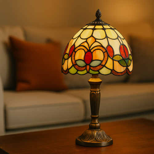 Tiffany-stijl tafellamp met glas-in-lood kap in rood-, groen- en geeltinten op een houten tafel, met op de achtergrond een beige bank en een oranje sierkussen.