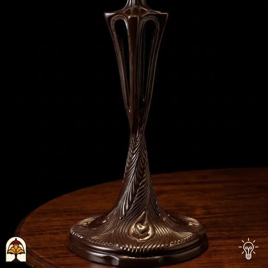 Close-up bronzen Art Nouveau slanke vaasvoet Tiffany tafellamp Sylva Berria met gegraveerde veer- en bladmotieven op ronde voetbasis, donkere achtergrond