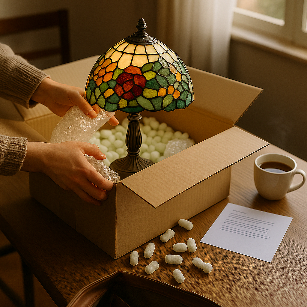 Close-up van handen die een Tiffany-stijl tafellamp met glas-in-lood kap uit een kartonnen doos halen, omringd door beschermend verpakkingsmateriaal, met op de tafel een kop koffie en een vel papier.