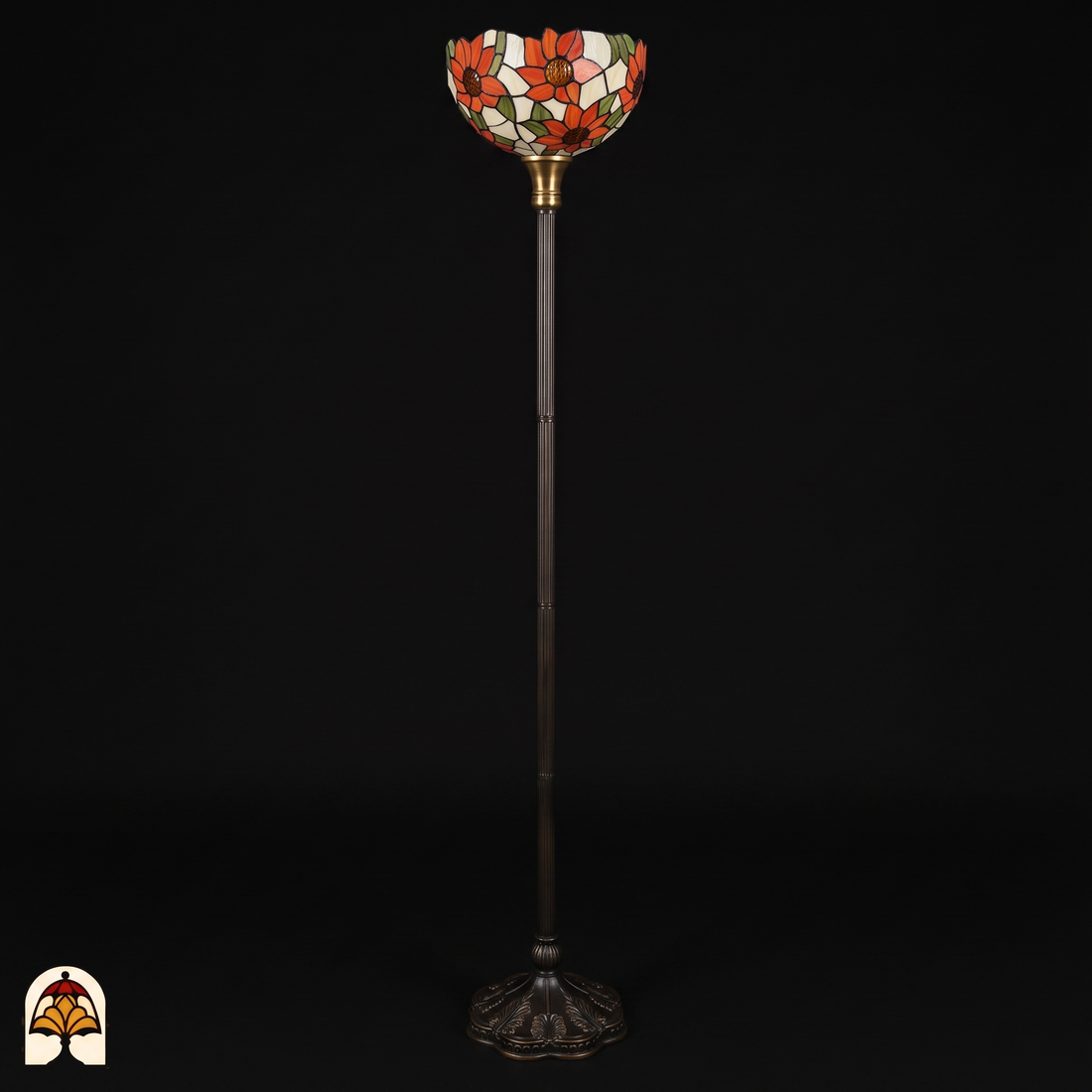 Tiffany vloerlamp Solea Uplighter ⌀30 cm – uitgeschakeld, oranje zonnebloemen, 178 cm hoog
