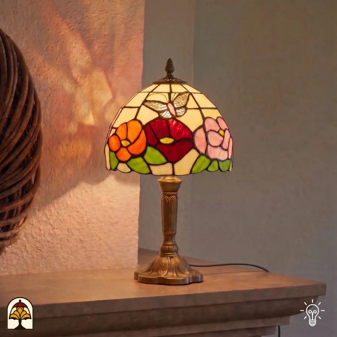 Verlichte Tiffany lamp tafellamp Papilio Reginae ⌀20 cm in interieur – crème koepelkap met kleurrijke bloemen en vlindermotief, bronzen voet, warm licht