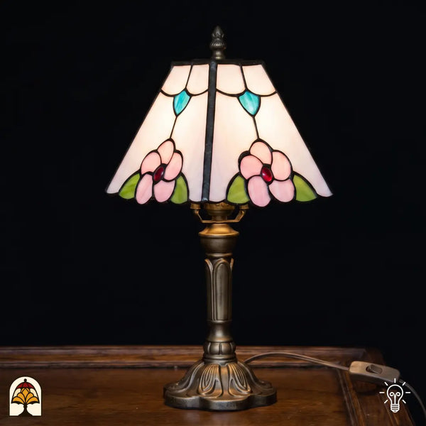 Tiffany tafellamp Rosa Zaffiro ⌀20 cm verlicht – kegelvormige kap in crèmewit met roze bloemen en blauwe bladaccenten