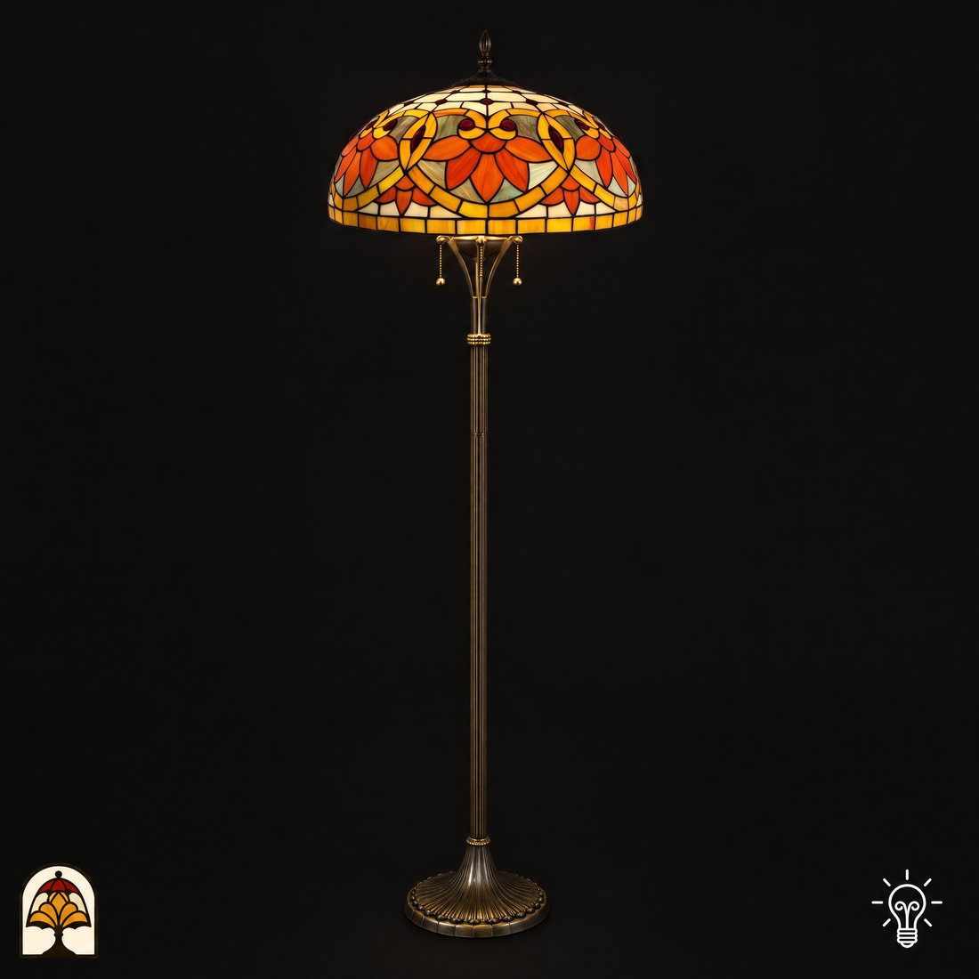 Tiffany vloerlamp Fiorella d'Oro ⌀50 cm – verlicht, glas-in-lood kap met oranjerode bloemen op bronzen voet, 170 cm hoog