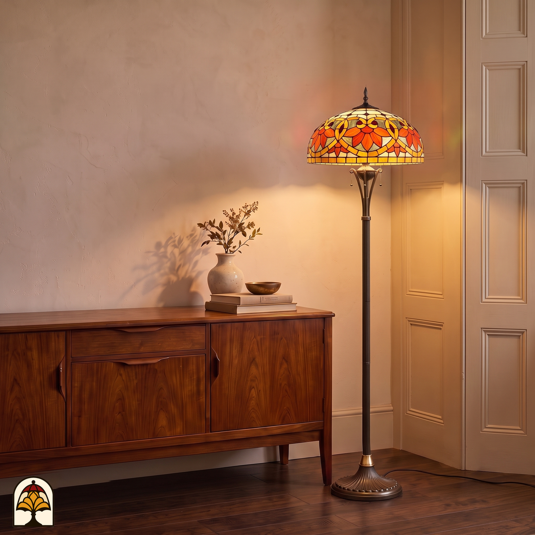 Tiffany vloerlamp Fiorella d'Oro ⌀50 cm – sfeerfoto naast houten dressoir, warm gloeiend licht in een lichte woonkamerhoek