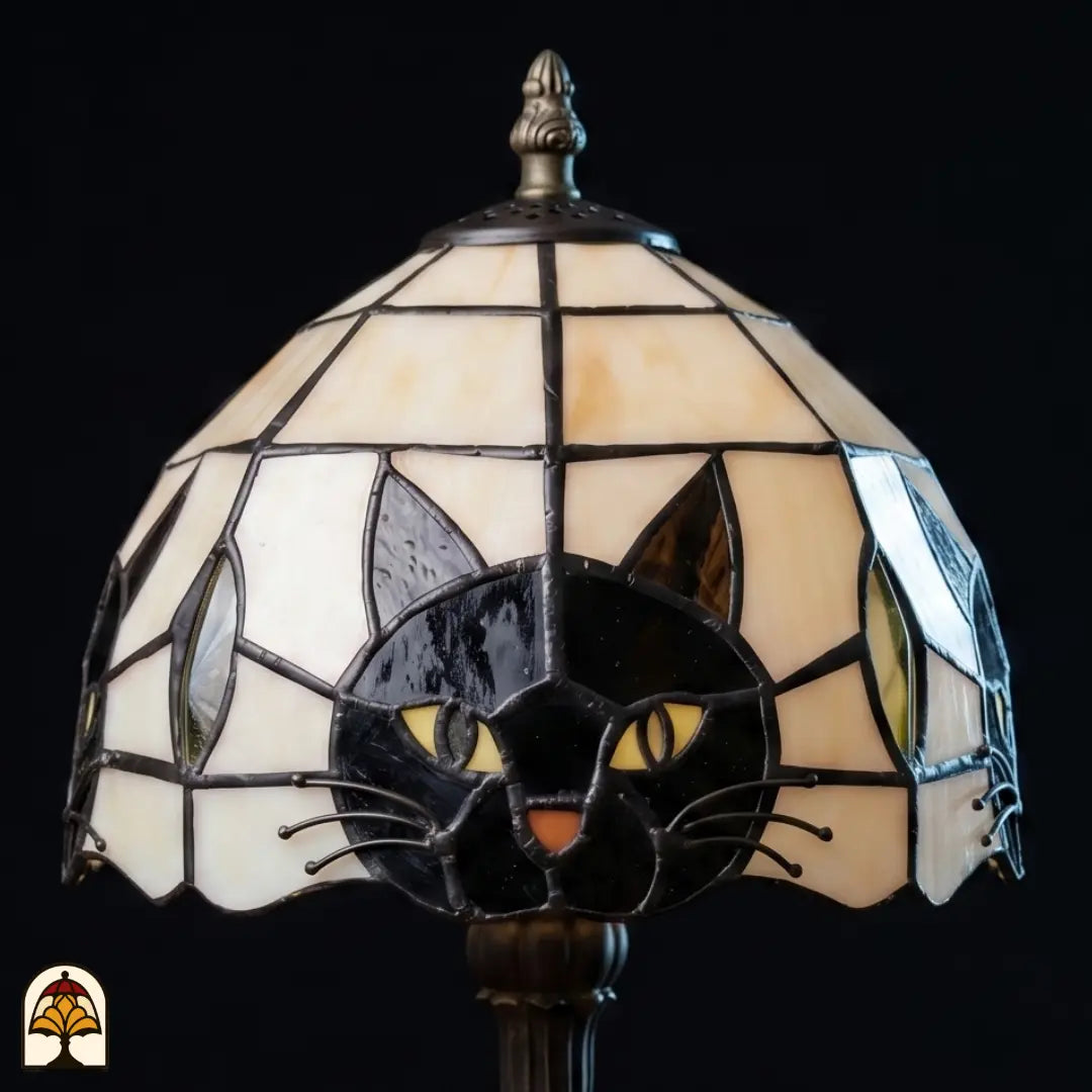 Close-up van de handgesoldeerde glazen kap met kattenoren en snorharen