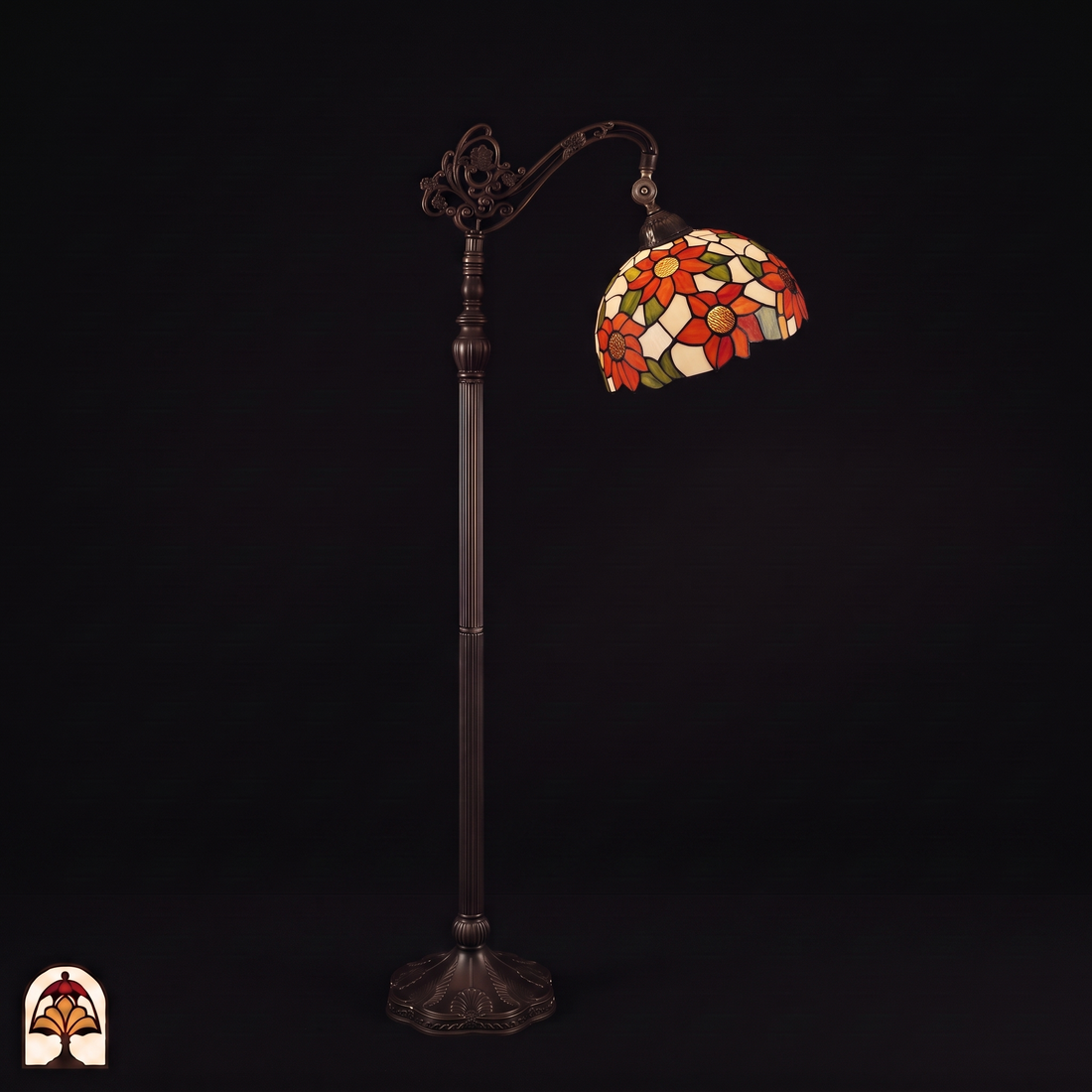 Tiffany vloerlamp Solea Leeslamp ⌀30 cm – niet verlicht, bronskleurige boogvloerlamp met glas-in-lood kap
