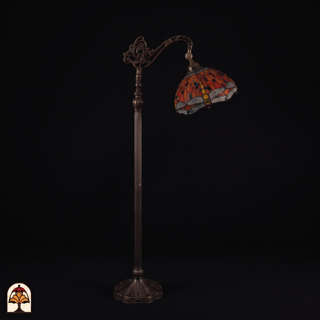 Tiffany vloerlamp Libellula Fiamma ⌀30 cm – uitgeschakeld, kap met libellen in oranje glas