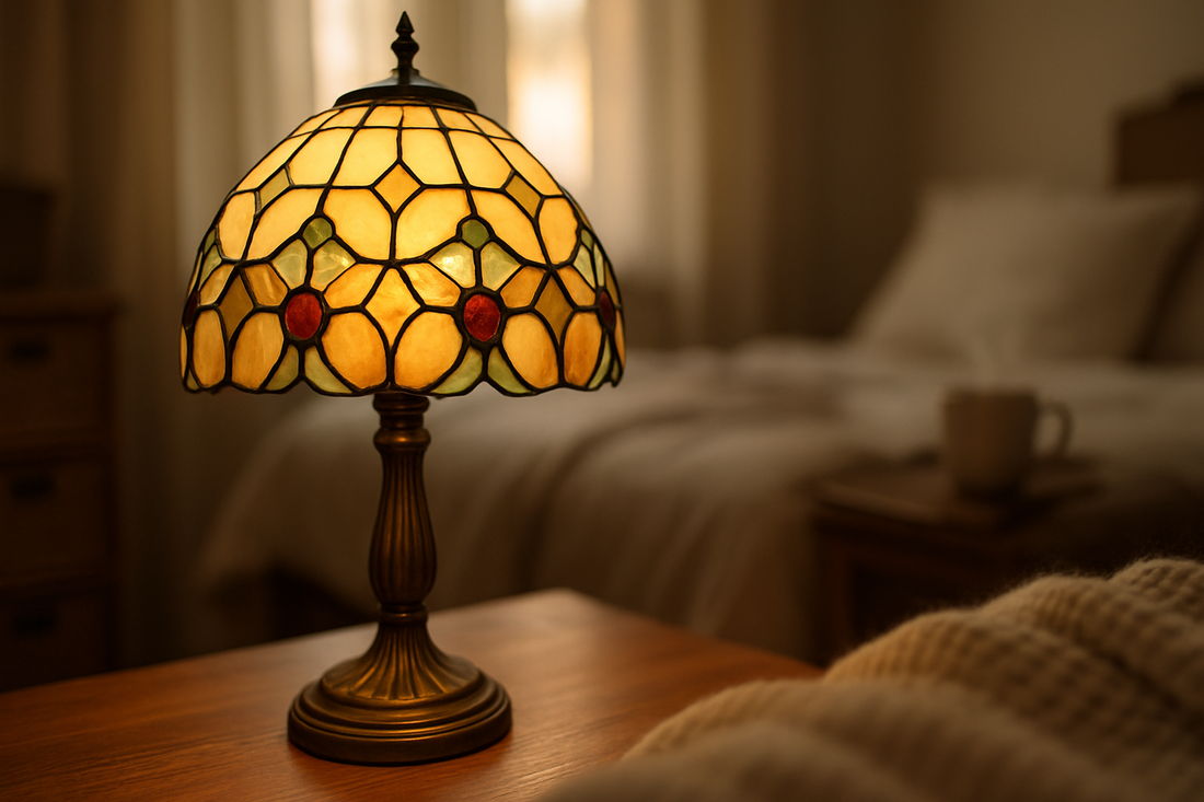 Tiffany tafellamp van glas in lood op een nachtkastje in een warme slaapkamer, onderdeel van de collectie van een Tiffany lampen winkel, met een rustgevende sfeer en een antieke uitstraling.