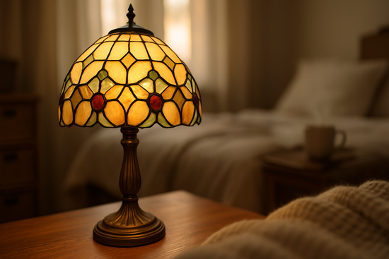 Tiffany tafellamp van glas in lood op een nachtkastje in een warme slaapkamer, onderdeel van de collectie van een Tiffany lampen winkel, met een rustgevende sfeer en een antieke uitstraling.