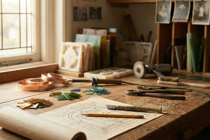 Werkbank met ontwerptekening, gekleurd glas, koperfolie en gereedschap voor het handgemaakte maakproces van een Tiffany lamp