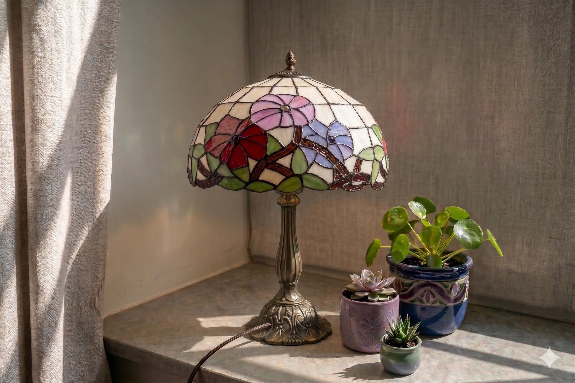 Tiffany tafellamp met gekleurde glazen bloemenkap op vensterbank in zonlicht