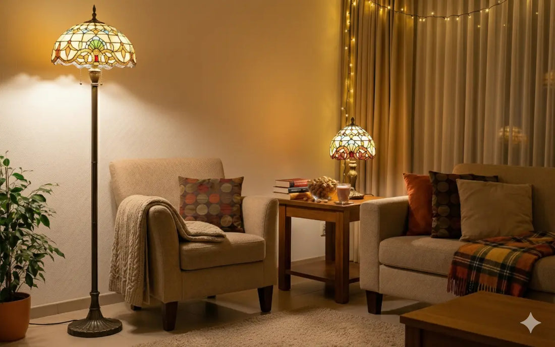 Gezellige woonkamer met een Tiffany vloerlamp en een Tiffany tafellamp die warm, gekleurd licht verspreiden naast een fauteuil en bank, met zachte kussens, een plaid en subtiele lichtslingers voor een huiselijke sfeer.