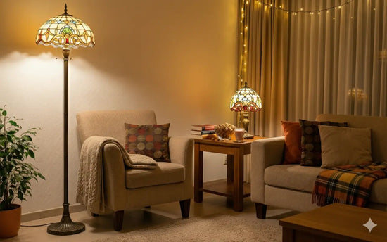 Gezellige woonkamer met een Tiffany vloerlamp en een Tiffany tafellamp die warm, gekleurd licht verspreiden naast een fauteuil en bank, met zachte kussens, een plaid en subtiele lichtslingers voor een huiselijke sfeer.