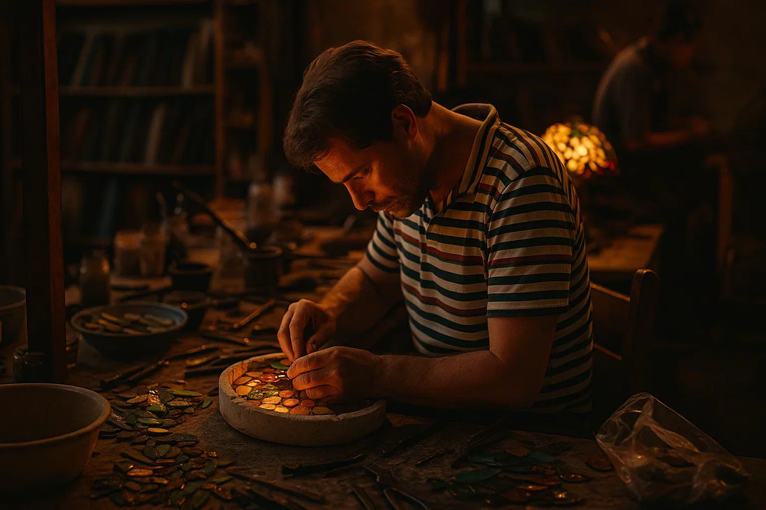 Een man in een gestreept shirt werkt geconcentreerd aan een Tiffany-stijl lamp in een ambachtelijk atelier, waarbij hij stukjes kleurrijk glas in een ronde gipsen mal plaatst, omringd door gereedschap en materialen op een houten werkbank.