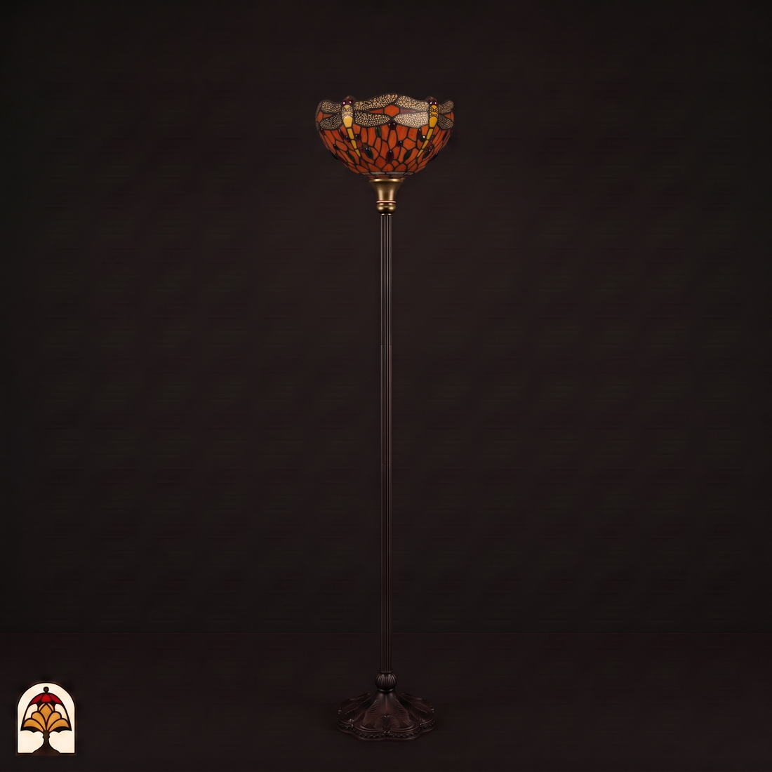 Tiffany vloerlamp Libellula Tramonto ⌀30 cm – uitgeschakeld, oranje libellenkap op slanke bronzen uplighter