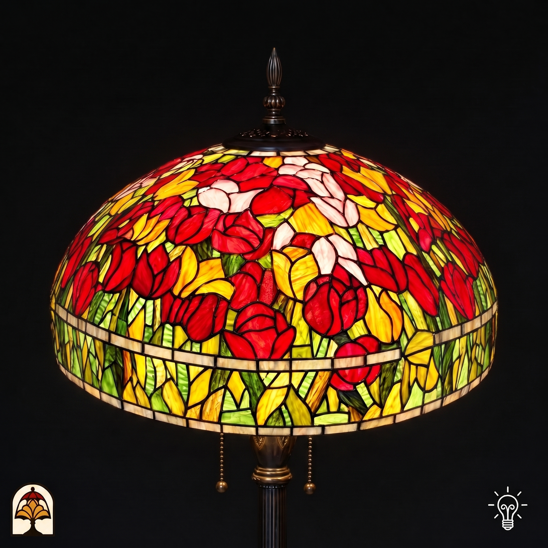 Tiffany vloerlamp Tulipa Rosso Azul ⌀50 cm – verlichte tulpenkap van onderaf, rode en gele tulpen boven groene bladeren