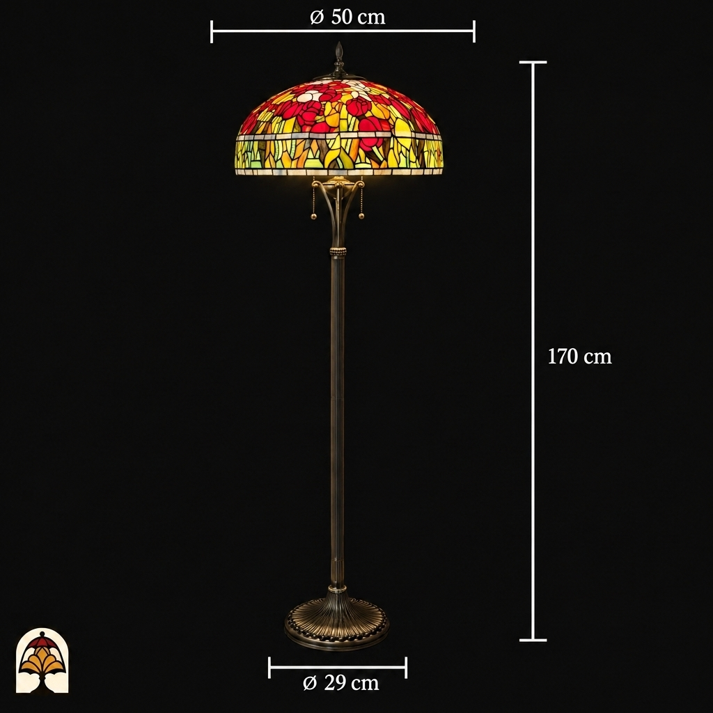 Tiffany vloerlamp Tulipa Rosso Azul ⌀50 cm – maatafbeelding: kap ⌀50 cm, hoogte 170 cm, voet ⌀29 cm