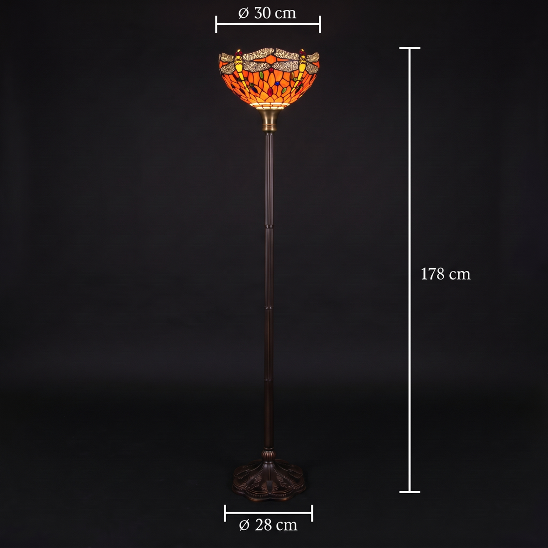 Tiffany vloerlamp Libellula Tramonto ⌀30 cm – maatafbeelding: kap ⌀30 cm, hoogte 178 cm, voet ⌀28 cm