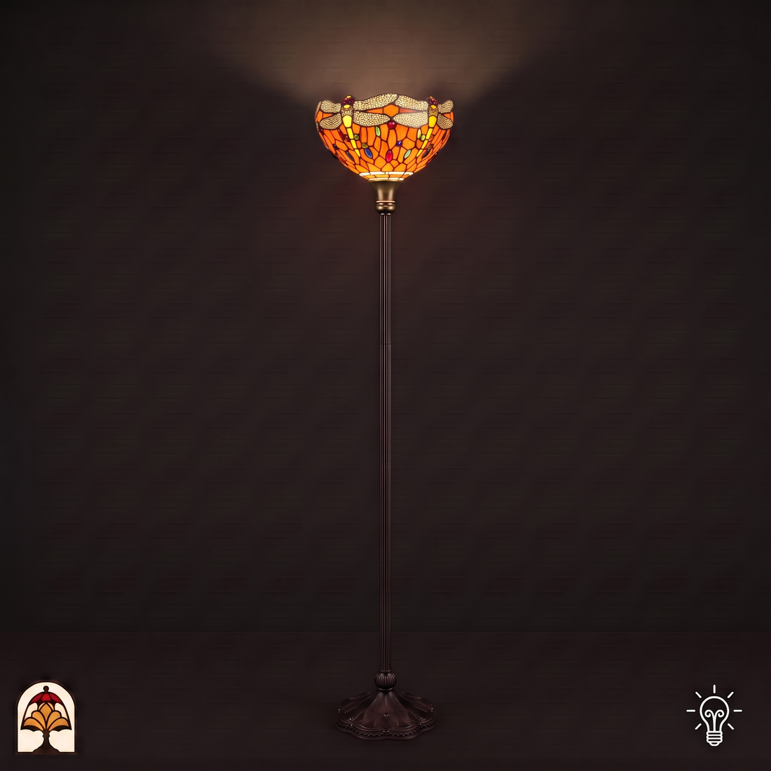 Tiffany vloerlamp Libellula Tramonto ⌀30 cm – verlicht, uplighter met oranje libellenkap die warm licht langs de muur werpt, 178 cm hoog