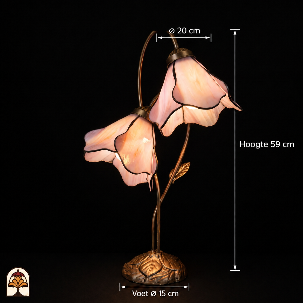 Tiffany tafellamp Lotus Sereno Doppio ⌀20 cm – maatafbeelding: kapdiameter ⌀20 cm, totale hoogte 59 cm, voetdiameter ⌀15 cm