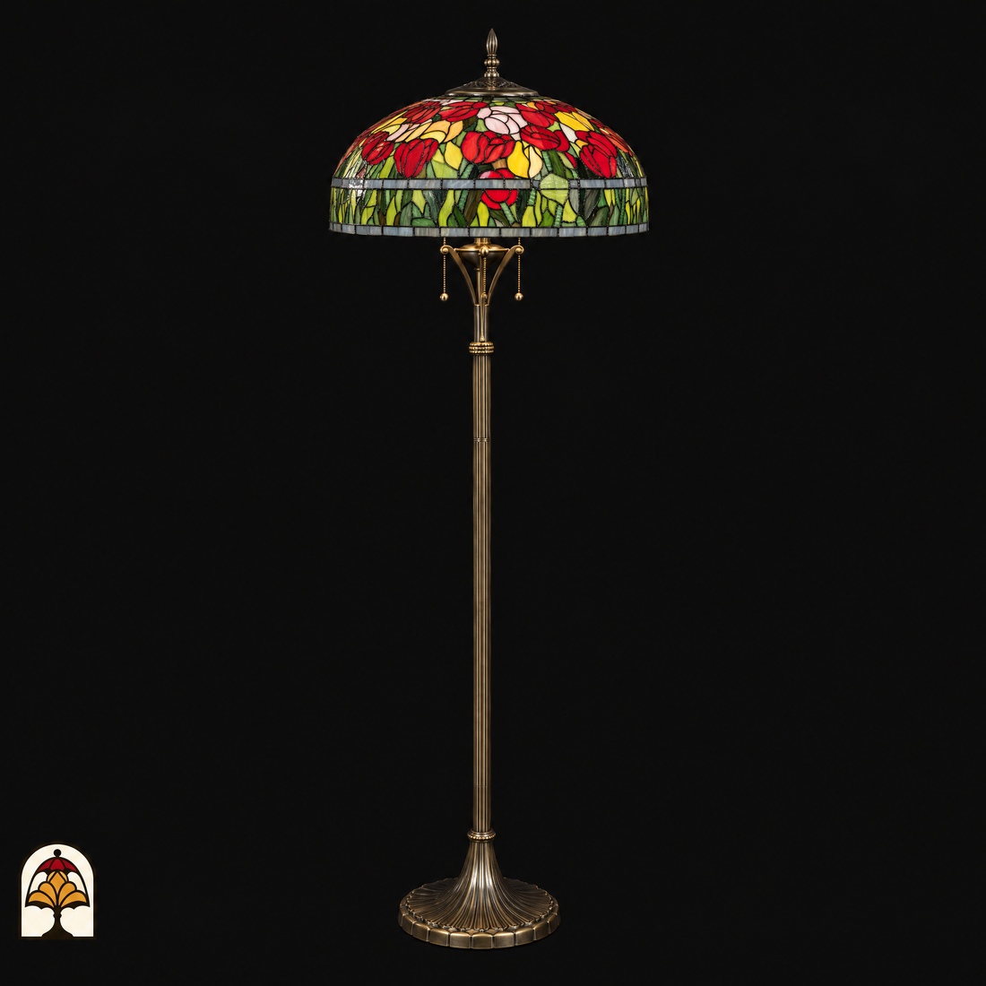 Tiffany vloerlamp Tulipa Rosso Azul ⌀50 cm – uitgeschakeld, tulpenkap in rood, geel en groen op slanke bronzen voet