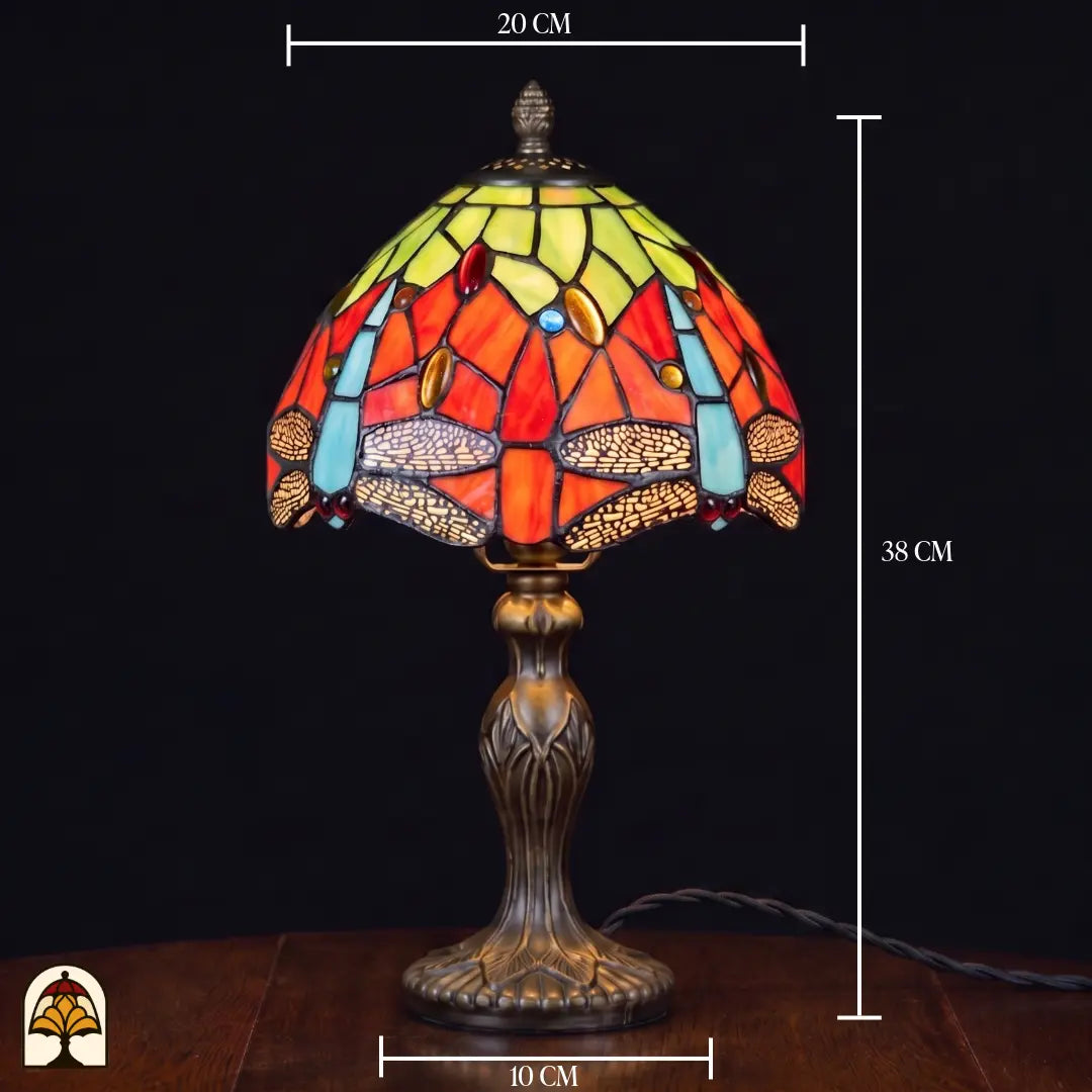 Maatafbeelding Tiffany lamp tafellamp Libellula Azul ⌀20 cm – kapbreedte 20 cm, voetbreedte 10 cm, totale hoogte 38 cm