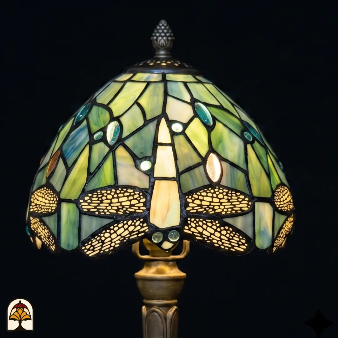 Close-up verlichte kap Tiffany tafellamp Libellula Celeste ⌀20 cm – lichtblauw glas-in-lood met libellenmotief en gekleurde juwelen