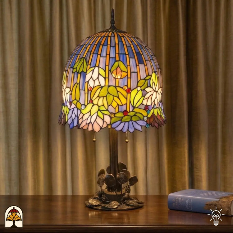 Verlichte Tiffany tafellamp Pond Lilia op houten tafel voor gordijnen, blauwe en gele strepen met witte waterlelies en gekleurde accenten, boek ernaast