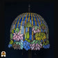 Onverlichte Tiffany tafellamp Pond Lilia, koepelkap met blauwe en gele verticale strepen, roze waterlelies en groene bladeren, Art Nouveau waterlelieblad-voet