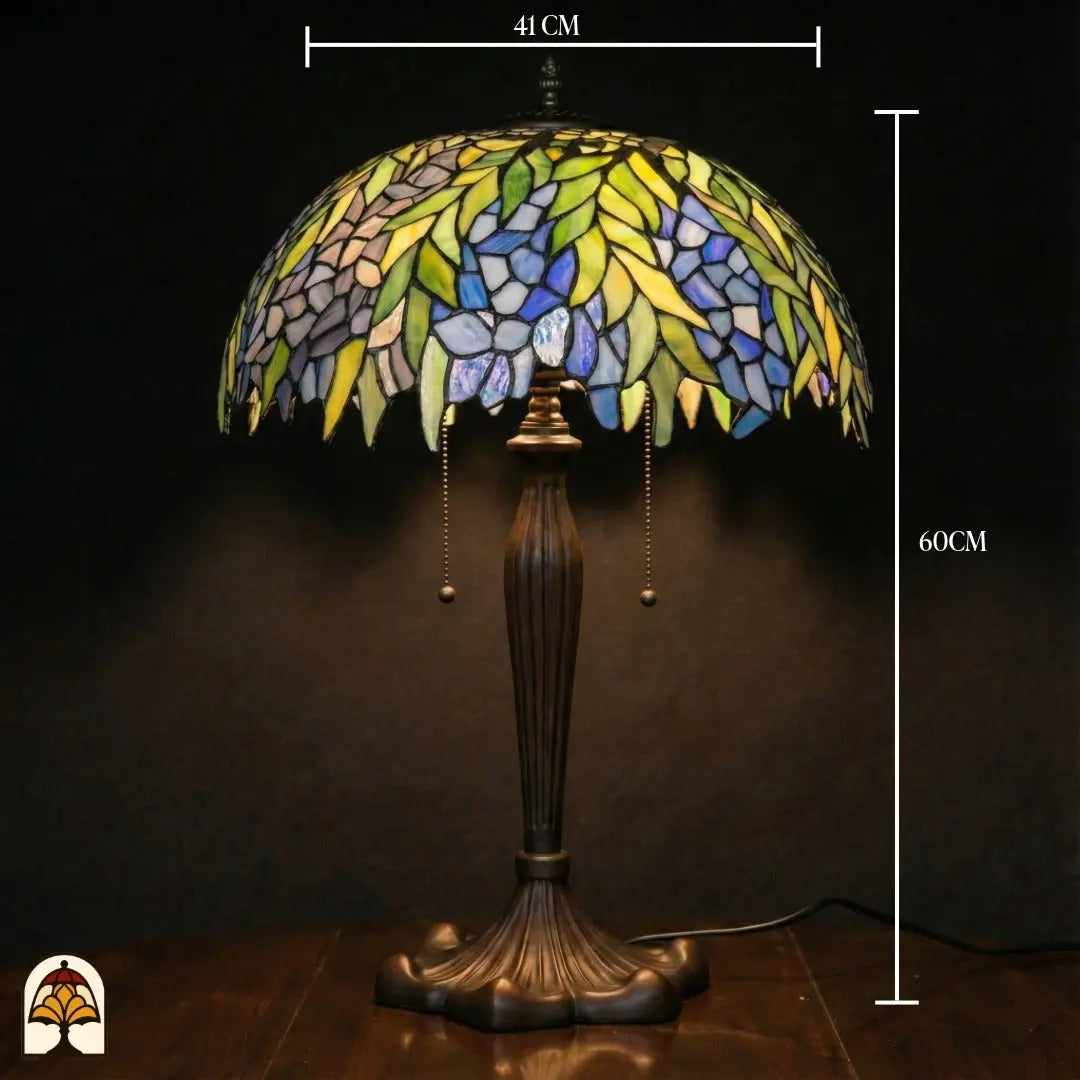 Maatafbeelding Tiffany tafellamp Foglia Azzurra — kapdiameter ⌀41 cm, totale hoogte 60 cm