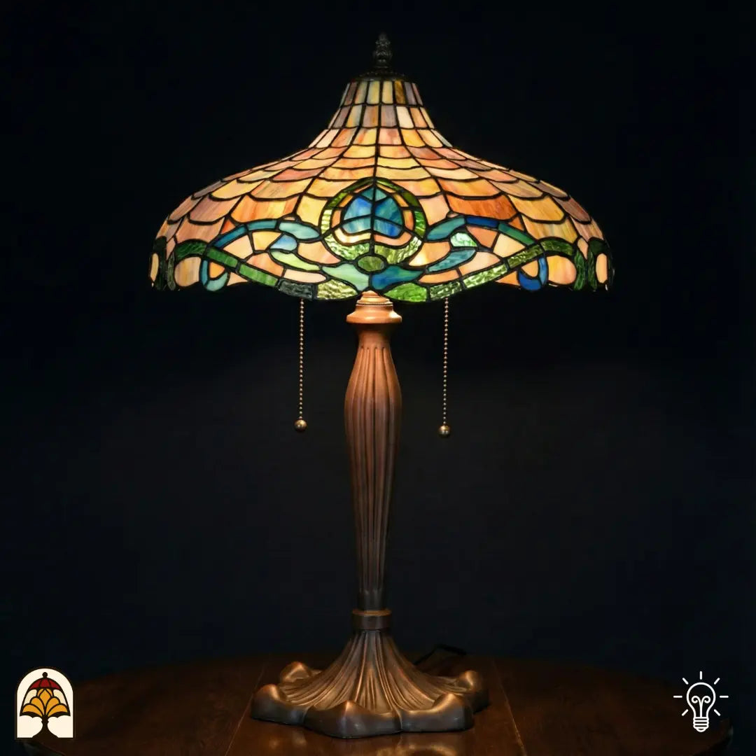 Verlichte grote Tiffany tafellamp met brede schaalvormige kap met amber schubpatroon, turquoise/blauwe en groene Art Nouveau-rand met lotusmotief, bronzen geribbelde voet met trekschakelaars, donkere achtergrond