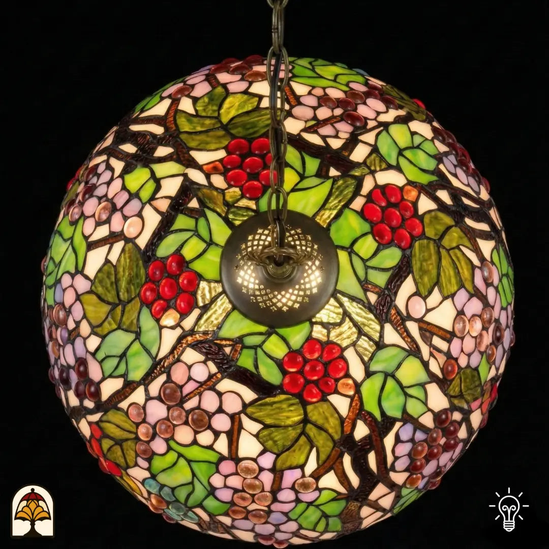 Bovenaanzicht verlichte koepelkap Tiffany hanglamp Sylva Berria, wijnrankmotieven met rode en lila druiven en groene bladeren, centrale bronzen fitting