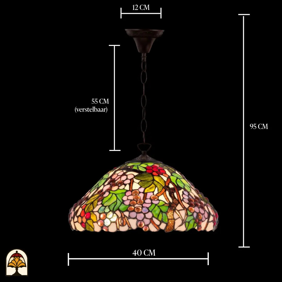 Maatafbeelding Tiffany hanglamp Sylva Berria, kapdiameter 40 cm, verstelbare ketting 55 cm, totale hoogte 95 cm, plafondbak 12 cm