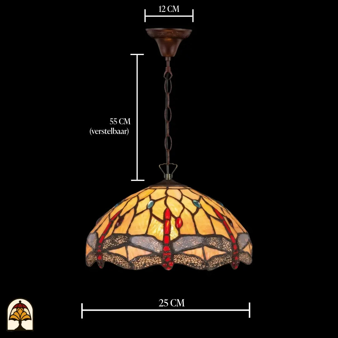 Maatafbeelding Tiffany hanglamp Libelle, kapdiameter 25 cm, verstelbare ketting 55 cm, plafondbak 12 cm