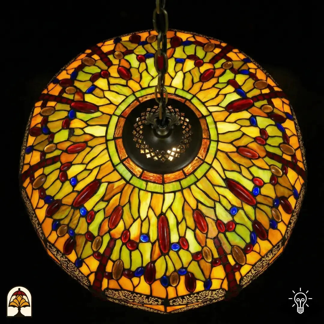 Bovenaanzicht verlichte kap Libellula Aurelia ⌀50, gele en groene glas-in-lood panelen met rode en blauwe juwelen, libellenfries, bronzen centrale fitting