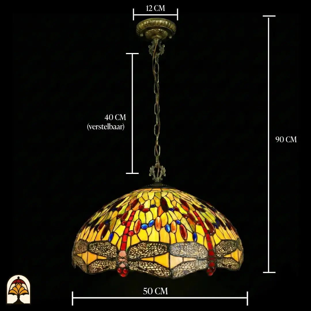 Maatafbeelding Tiffany hanglamp Libellula Aurelia ⌀50: kapbreedte 50 cm, plafondrozet 12 cm, ketting 40 cm verstelbaar, totale hoogte 90 cm