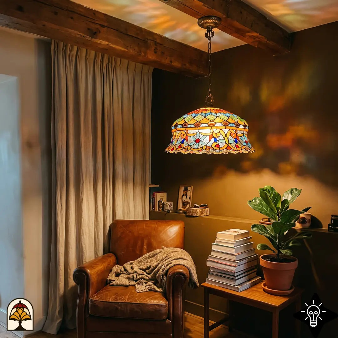Verlichte Tiffany hanglamp Solara Mosaïque ⌀45 cm in interieur – amberkleurige mozaïekkap met groene glaskralen, bronzen ketting