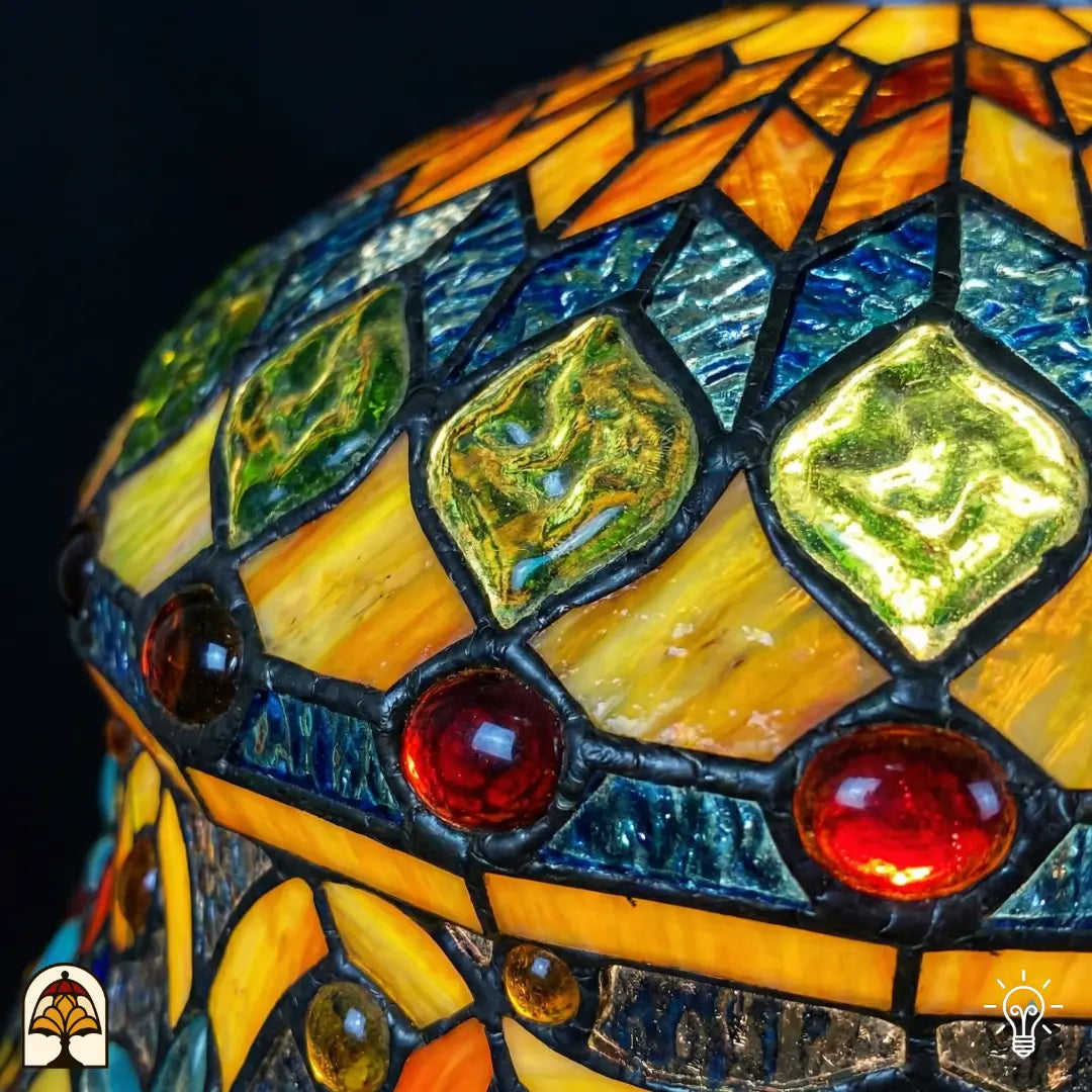 Detailopname van tiffany lamp glas-in-lood bovenzone verlicht, groene diamantvormige glaskralen op ambergeel en blauw getextureerd glas, met roodbruine ronde kralen langs de rand