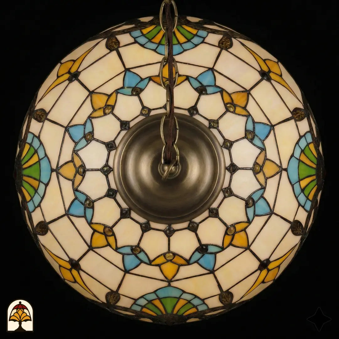 Bovenaanzicht onverlichte kap Barok ⌀40, crème en gele glas-in-lood met blauw-groene waaiers in stervormig patroon, bronzen centrale fitting