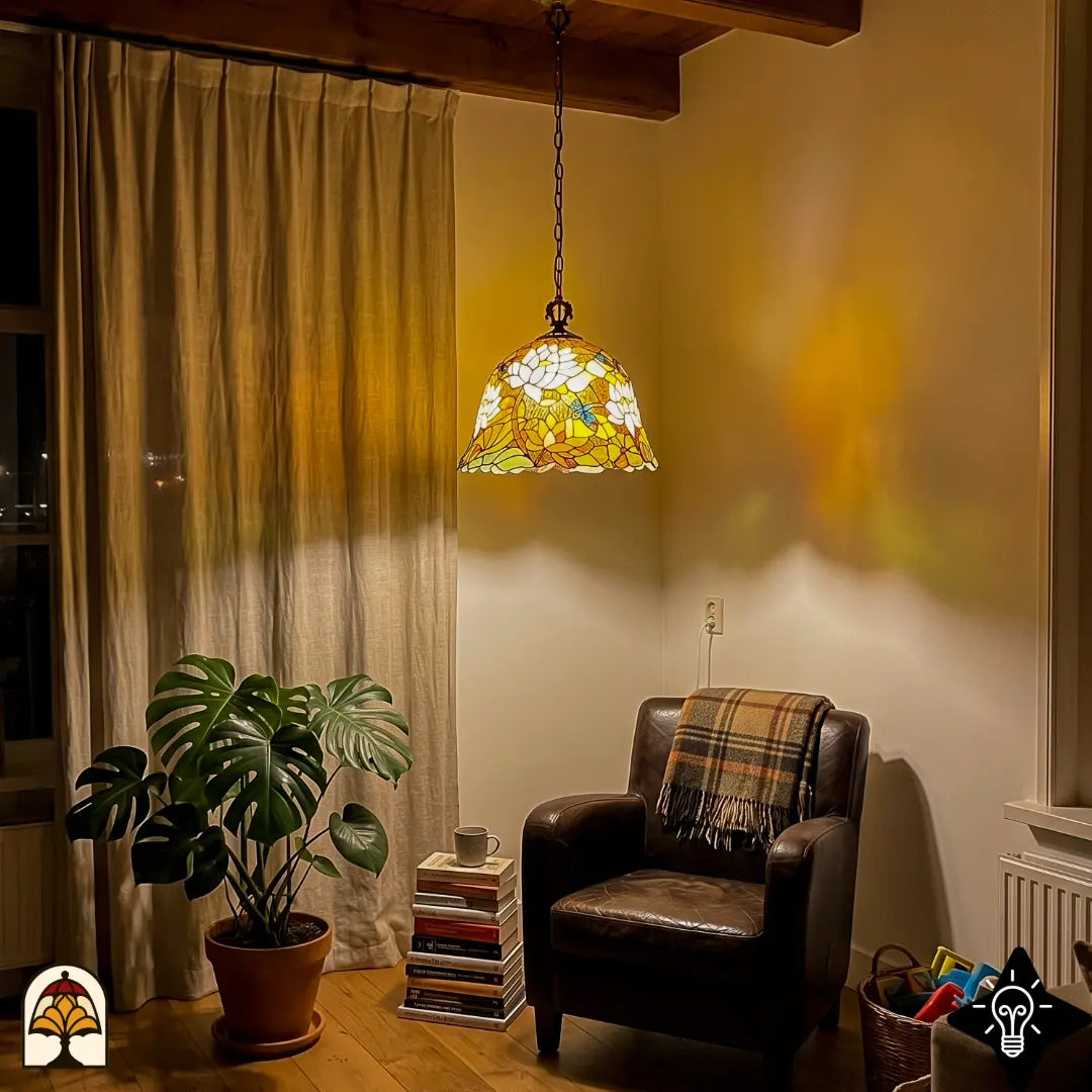 Verlichte Tiffany hanglamp Lotus Jardin ⌀40 cm in interieur – witte en oranje-gele lotusbloemen, groene waterleliebladen, bronzen ketting