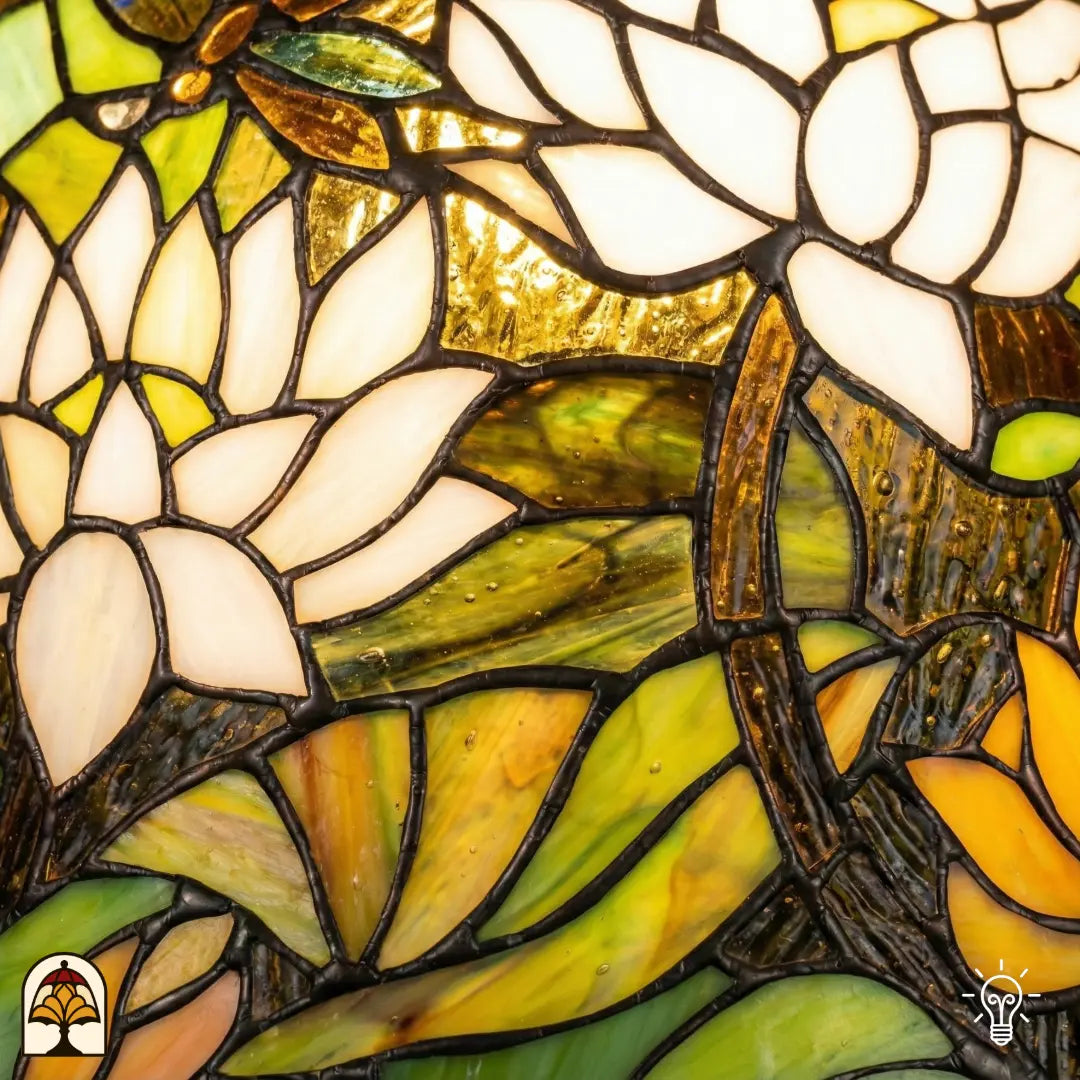 Detailopname van tiffany lamp glas-in-lood paneel met witte en lichtgele lotusbloemen en groene waterleliebladen op goudgeel getextureerd glas