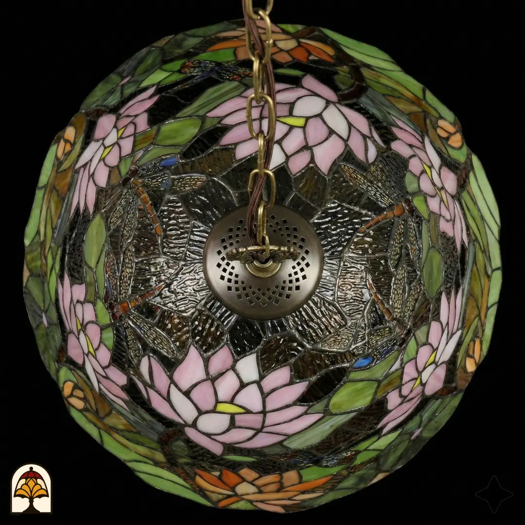 Onderkant bovenaanzicht van tiffany lamp hanglamp onverlicht, koepel met roze lotusbloemen, oranje lotusbloemen en groene waterleliebladen rondom de bronzen ventilatieplaat, opgehangen aan goudkleurige ketting