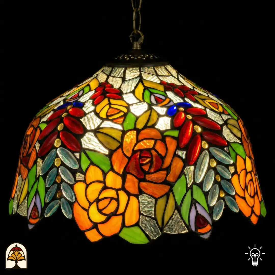 Tiffany lamp hanglamp verlicht van dichterbij, koepelvormige kap met oranje rozen, rode ovale glaskralen, gele rozen en groene bladeren op witte getextureerde achtergrond, opgehangen aan bronzen ketting