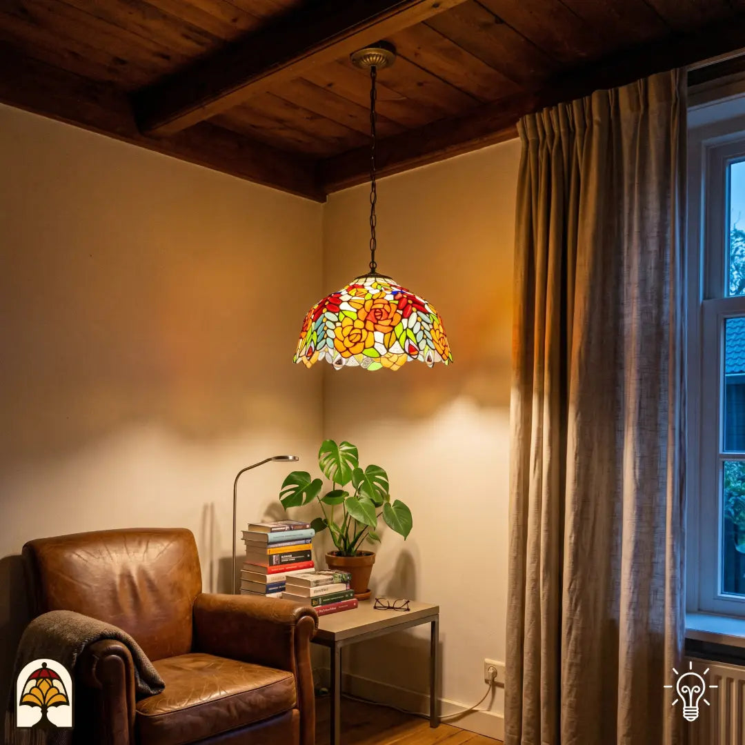 Verlichte Tiffany hanglamp Rosalia Aurea ⌀40 cm in interieur – oranje-gele rozen en rode glaskralen in glas-in-lood, bronzen ketting