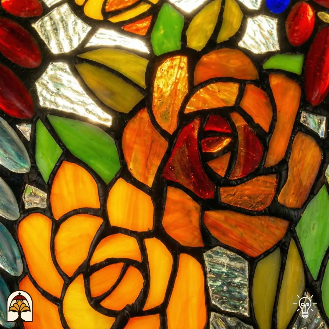Detailopname van tiffany lamp glas-in-lood paneel met oranje en gele rozen, rode glaskralen, groene bladeren en grijsblauwe bladmotieven