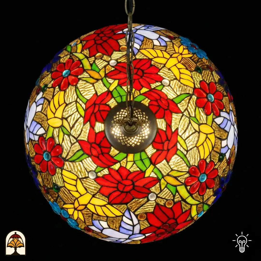 Bovenaanzicht van tiffany lamp hanglamp verlicht, ronde koepel met symmetrisch patroon van rode poinsettia-bloemen, gele bladpanelen, groene accenten en witte vlindermotieven op goudkleurige achtergrond, centrale bronzen lamphouder zichtbaar