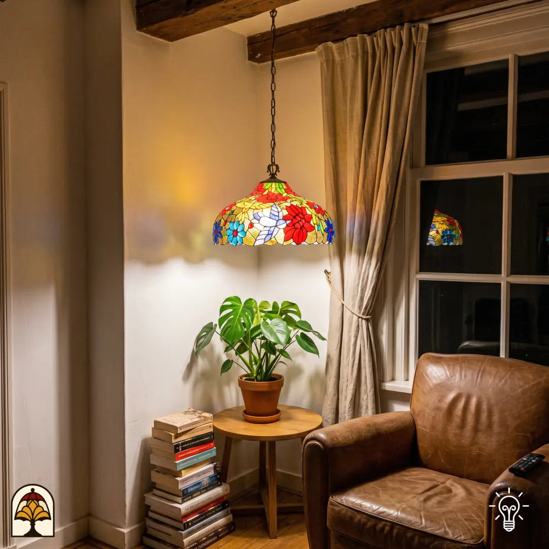 Tiffany lamp hanglamp Volare Rosso ⌀45 cm in interieur – rode poinsettia-bloemen en blauwe madeliefjes in glas-in-lood, bronzen ketting
